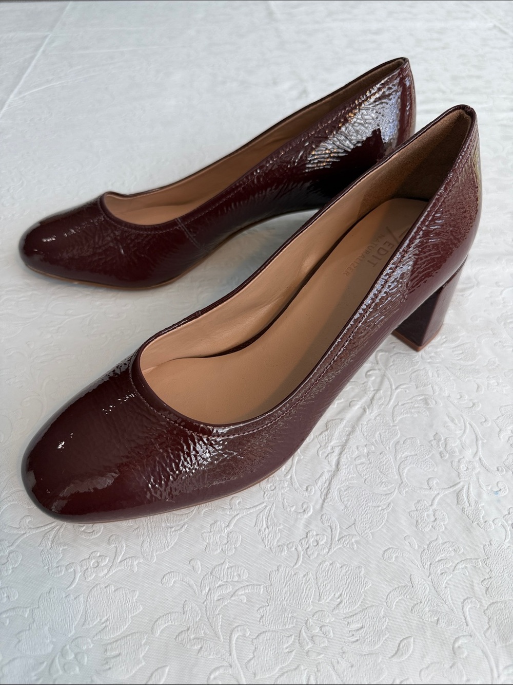 27 EDIT Burgundy Patent Leather Block Heel Pumps